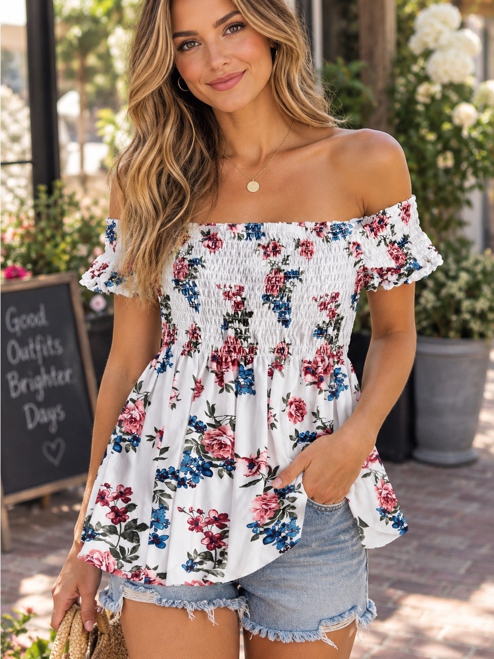 Rue21 White Off-Shoulder Smocked Camisole with Pink and Blue Floral Print